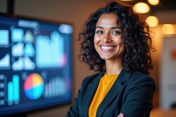 Confident South Asian Woman in Business Attire Smiling with Statistical Charts Displayed in Modern Office Setting