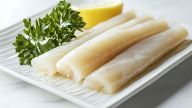 Geoduck (Mirugai) presented on a white ceramic plate, illuminated by studio lighting to highlight the fresh, raw geoduck served with lemon