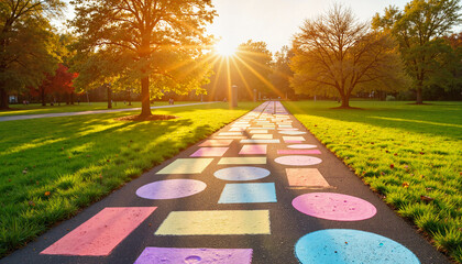 Glowing chalk drawings on park pathway at sunset, joyful creativity