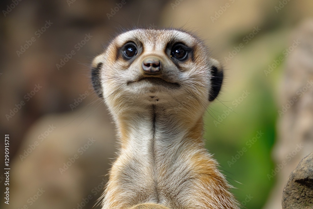 Poster a close-up view of a curious meerkat looking directly at the camera