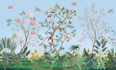 Chinoiserie wallpaper background mural, watercolor background, birds and sky. © Sharif