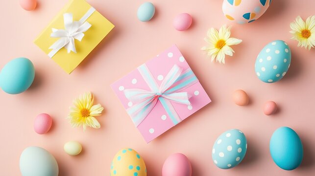 Colorful Easter eggs and gift cards arranged with a vibrant pink background flag design, embodying the joyful spirit of Happy Easter and the beauty of spring.