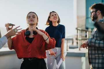 Multicultural business people celebrate joyfully on a rooftop at sunset. The scene captures diverse colleagues in a lively and relaxed atmosphere, displaying a sense of occasion and togetherness.