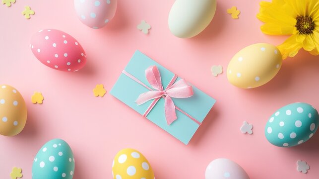 Colorful Easter eggs and gift cards arranged with a vibrant pink background flag design, embodying the joyful spirit of Happy Easter and the beauty of spring.
