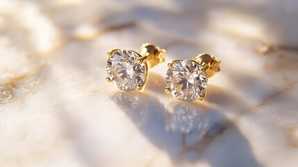 A pair of diamond earrings with delicate gold settings, resting on a marble surface with soft light reflections