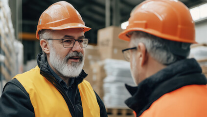Two middle-aged men in safety gear converse about work matters in a busy warehouse filled with inventory during daylight hours