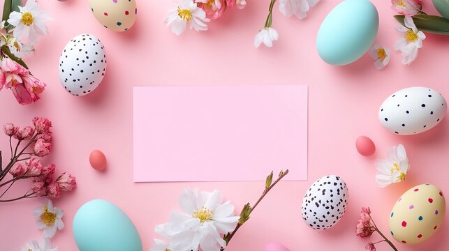 Colorful Easter eggs and gift cards arranged with a vibrant pink background flag design, embodying the joyful spirit of Happy Easter and the beauty of spring.