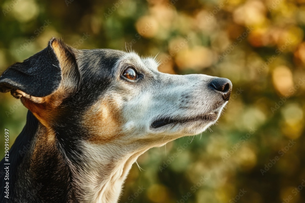 Poster a close-up view of a dog's face surrounded by trees, perfect for use in pet-related or outdoor-theme