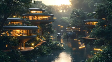 Luxury Eco-Resort in Jungle with Modern Architecture and Elephants