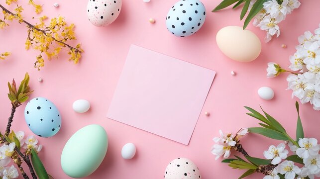 Colorful Easter eggs and gift cards arranged with a vibrant pink background flag design, embodying the joyful spirit of Happy Easter and the beauty of spring.