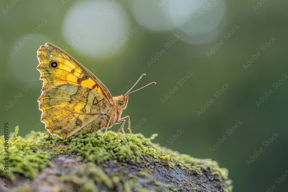 Poster a butterfly sits on the moss-covered branches of a tree, surrounded by lush greenery