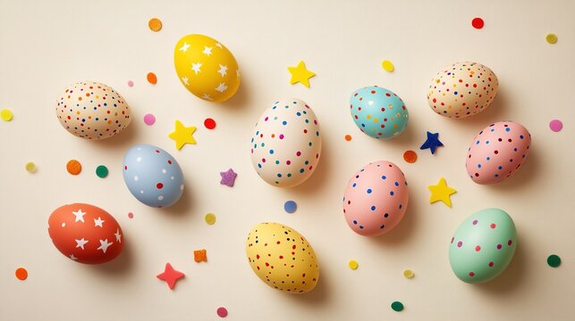 Top-down view of numerous colorful eggs in various sizes, adorned with vibrant stars and dot shapes, set against a beige background on a compact white color chart, perfect for Easter and spring themes