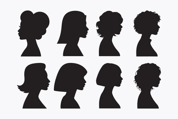 Collection of Female Silhouettes with Various Hairstyles, vector illustration