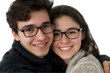 Happy teenage couple embracing, smiling.