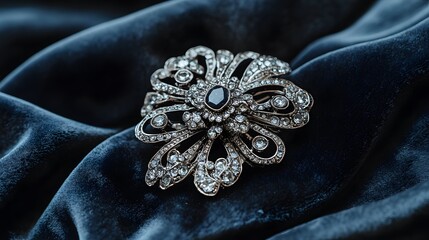 Fototapeta premium A vintage diamond brooch with intricate details, resting on a soft velvet fabric
