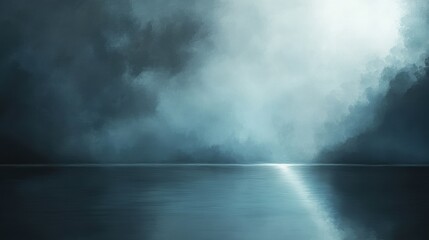 Calm water surface reflecting soft light with dark, moody clouds above, ideal for serene backgrounds and atmospheric designs.