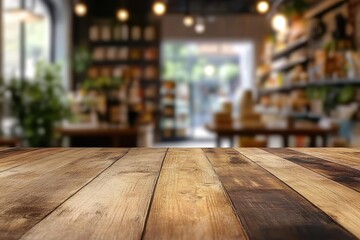 Fototapeta premium Rustic wooden table top, blurred cafe background. Perfect for showcasing products or food, mockups, and advertising.