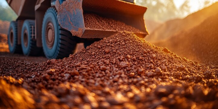 Mining truck unloading minerals at sunset in open pit mine