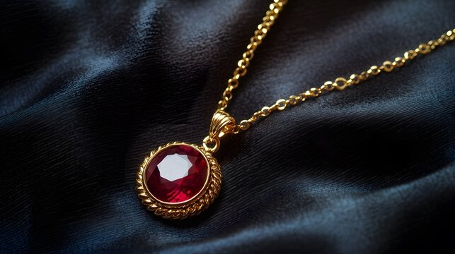 A luxurious gold necklace with a large ruby pendant, displayed on a dark fabric backdrop
