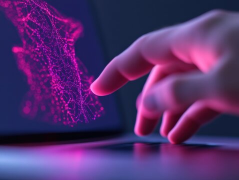 finger touching laptop screen with pink data visualization