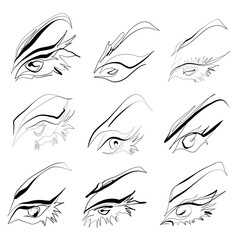 Set of nine black and white minimalist lineart  vector illustrations of female eyes with long lashes