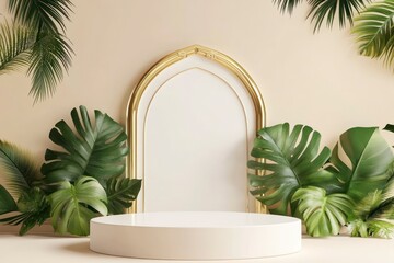 white podium with golden Ramadan elements and green Monstera leaves on a beige background. Ramadan Kareem concept.