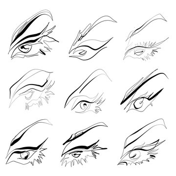 Set of nine black and white minimalist lineart  vector illustrations of female eyes with long lashes