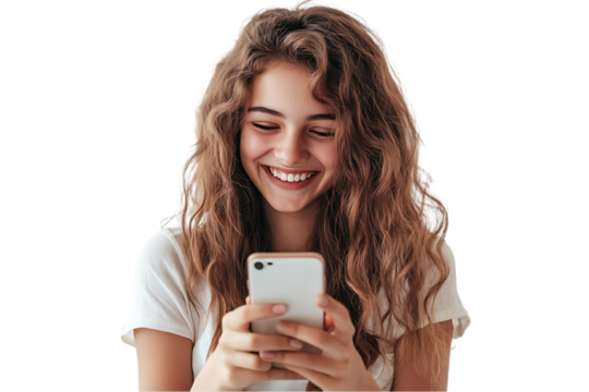 Happy woman laughs while using smartphone.