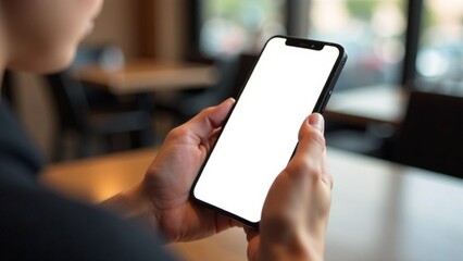 Макет место для текста. Смартфон в руке человека. Фон кафе 