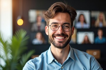 Fototapeta premium Happy Young Caucasian Male Professional with Glasses Smiling in Modern Workspace Surrounded by Team Photos and Indoor Greenery