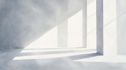 Obraz premium Bright empty room with large windows, soft light casting shadows, minimalist interior design, peaceful atmosphere, modern architecture background.