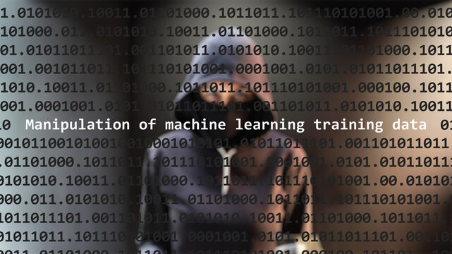 Cyber attack manipulation of machine learning training data text in foreground screen, hacker hidden with hoodie in the blurred background. Vulnerability text in binary system code on editor program.
