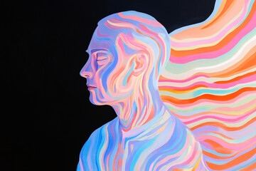 Vibrant portrait of a serene individual with flowing colorful hair