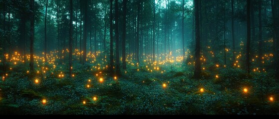 Enchanted Forest Glowing Spheres Mystery Ambiance Dark Trees Nature Magical Dreamy Scene Backdrop Illustration