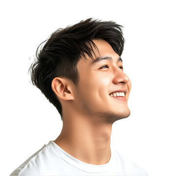 Happy young Asian man smiling, looking up.