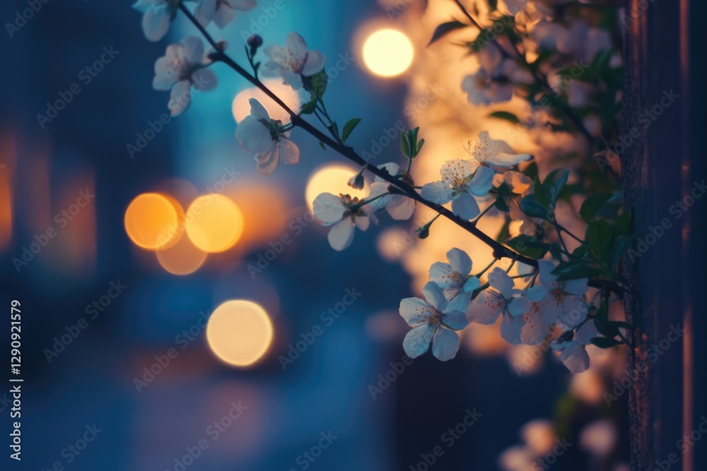 Poster a detailed view of a tree branch covered in white flowers, perfect for use in botanical or nature-th