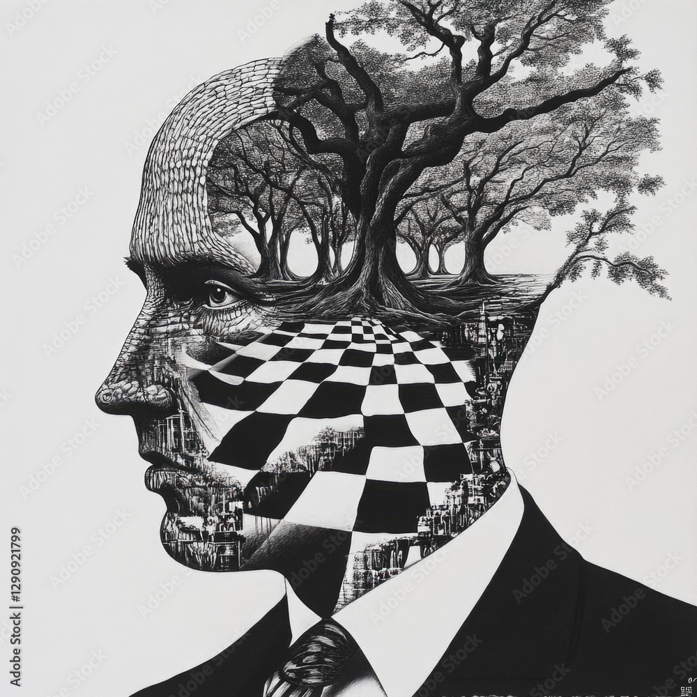 Poster A close-up illustration of a person's thoughts represented as a chess board, inspiring creativity and problem-solving