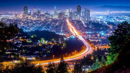 Naklejka premium Vibrant Night Cityscape with Illuminated Streets and Moving Lights Capturing the Dynamic Energy of an Urban Skyline 