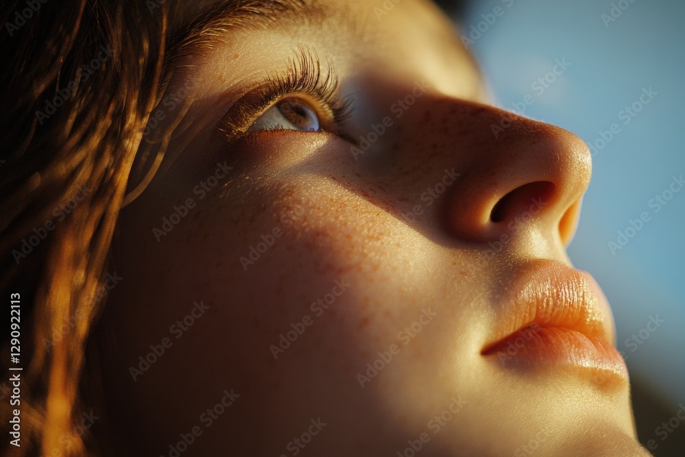 Wall mural A close-up portrait of a woman's face featuring distinctive freckles, suitable for personal or editorial use