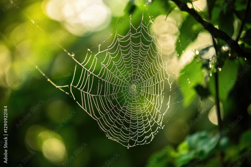 Poster A spider web hangs from a tree branch in nature