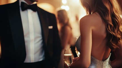 Lottery jackpot winner attending an exclusive black-tie event in a luxurious venue. Featuring sophistication and wealth