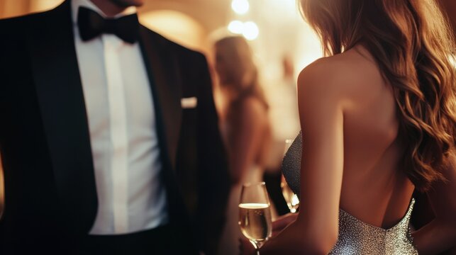 Lottery jackpot winner attending an exclusive black-tie event in a luxurious venue. Featuring sophistication and wealth