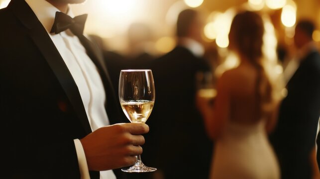 Lottery jackpot winner attending an exclusive black-tie event in a luxurious venue. Featuring sophistication and wealth