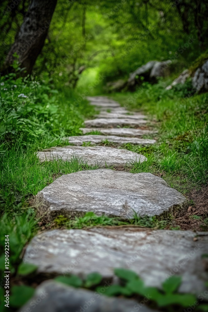 Poster a winding stone path through dense forest foliage