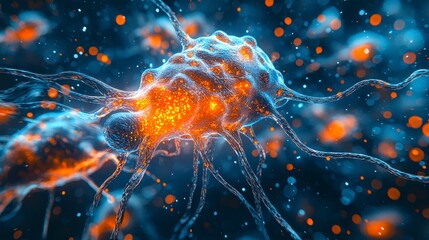 Obraz premium Abstract Representation of a Neuron in a Neural Network System with Glowing Particles and Filaments