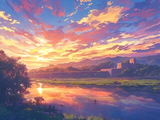 A fortress at sunrise with a vibrantly colored sunrise background reflected in a calm sea in anime style