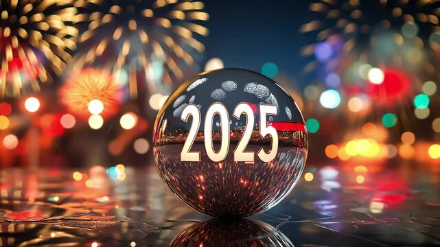 An elegant silver ball with the numbers '2025' prominently displayed, symbolizing the New Year celebration, Vibrant fireworks on background	