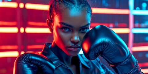 A fierce athlete prepares for a boxing match with confidence and strength. The scene is electrified by vibrant neon lights. Ideal for sports and fitness themes. AI