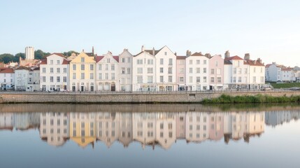 Obraz premium Colorful waterfront houses reflected in calm river at dawn; travel postcard