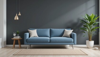 Fototapeta premium A modern living room showcases a comfortable blue sofa adorned with soft cushions, accented by chic hanging lights and a lush green plant. This inviting space exudes warmth and style